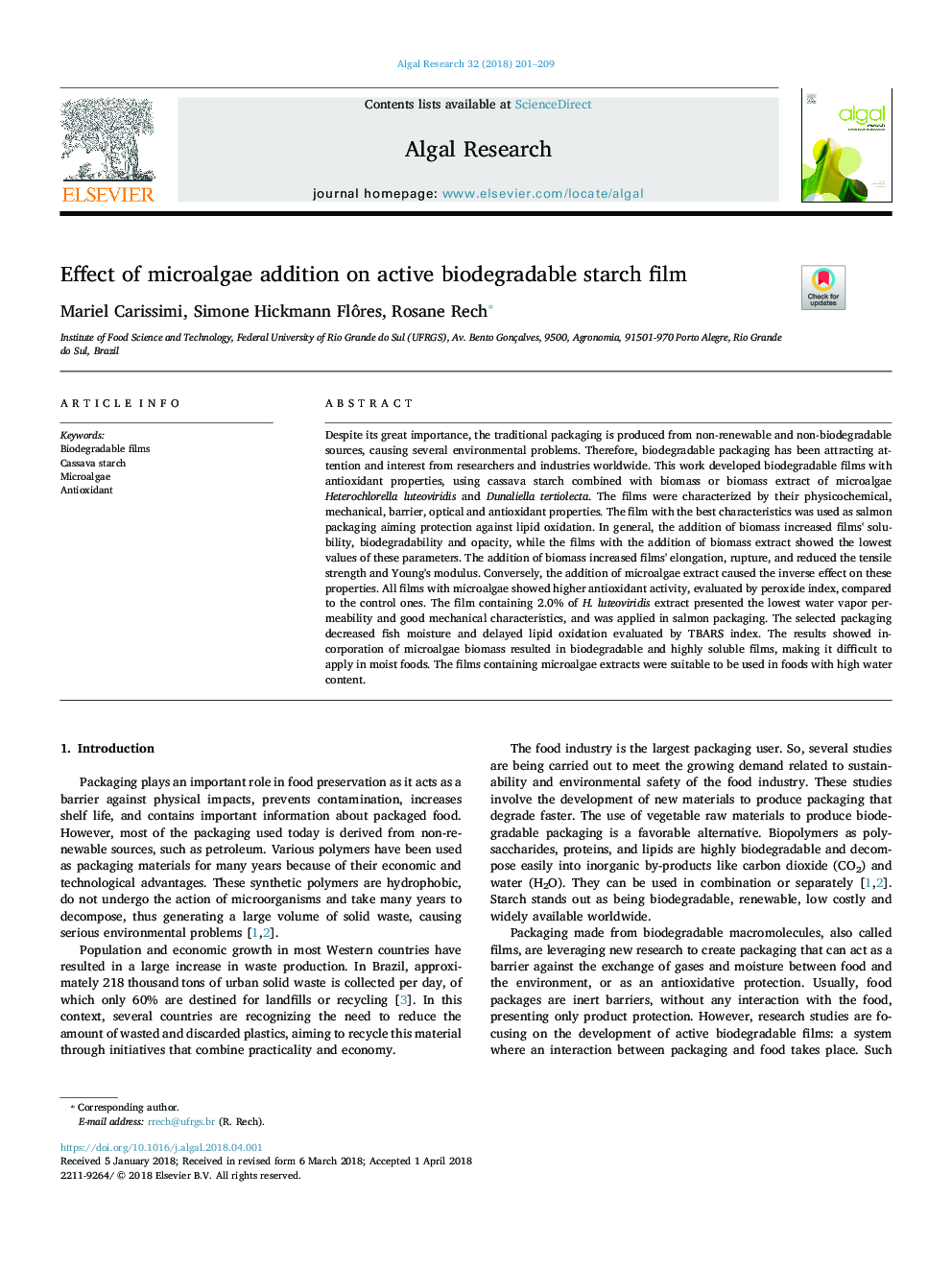 Effect of microalgae addition on active biodegradable starch film