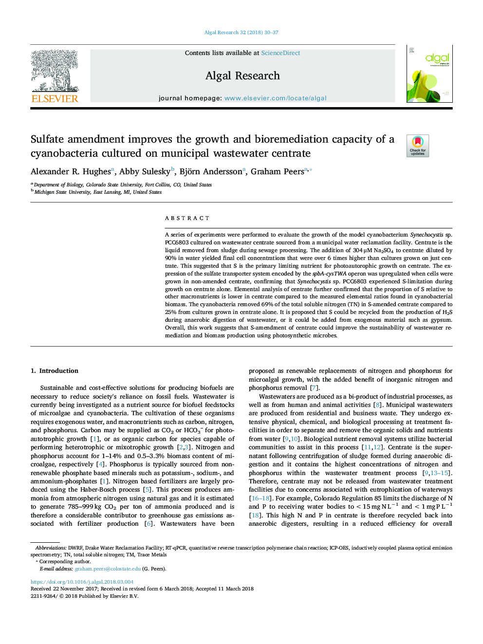 Sulfate amendment improves the growth and bioremediation capacity of a cyanobacteria cultured on municipal wastewater centrate