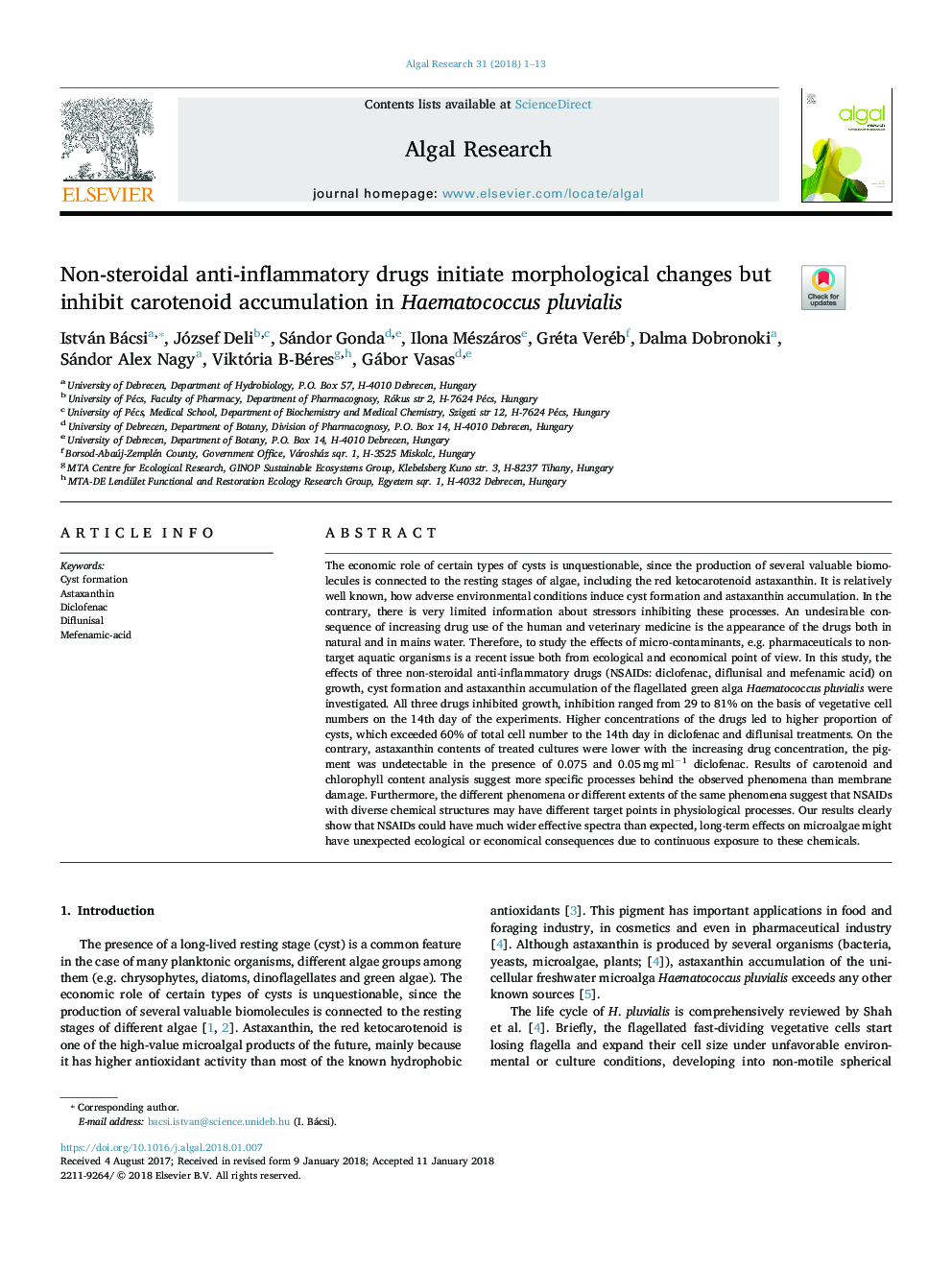 Non-steroidal anti-inflammatory drugs initiate morphological changes but inhibit carotenoid accumulation in Haematococcus pluvialis