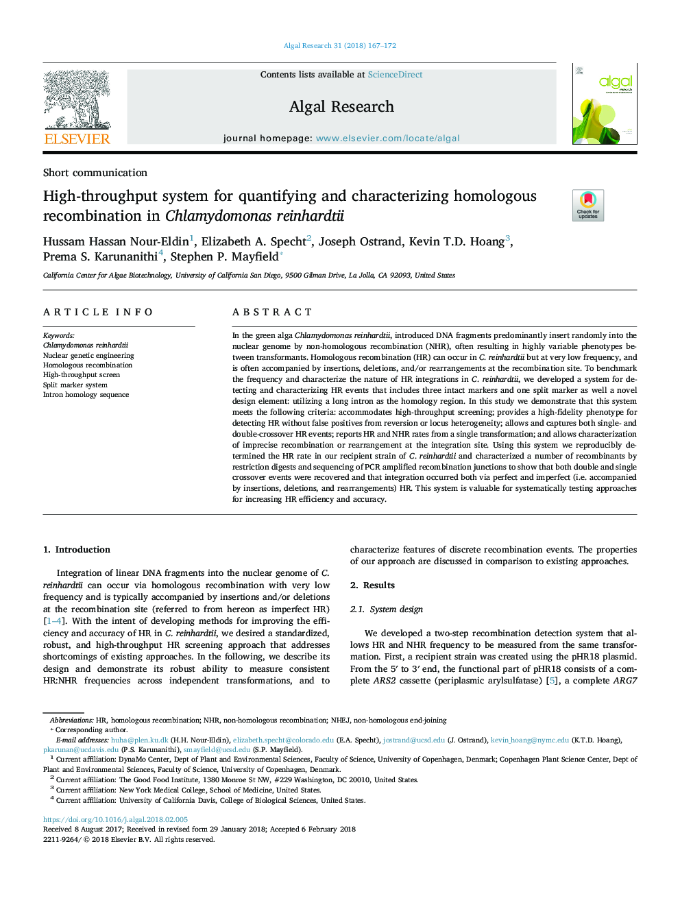 High-throughput system for quantifying and characterizing homologous recombination in Chlamydomonas reinhardtii