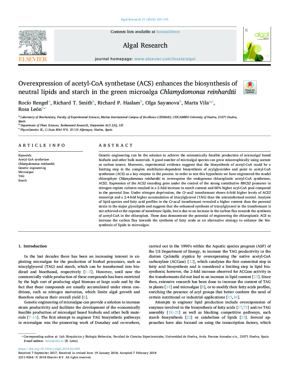 Overexpression of acetyl-CoA synthetase (ACS) enhances the biosynthesis of neutral lipids and starch in the green microalga Chlamydomonas reinhardtii