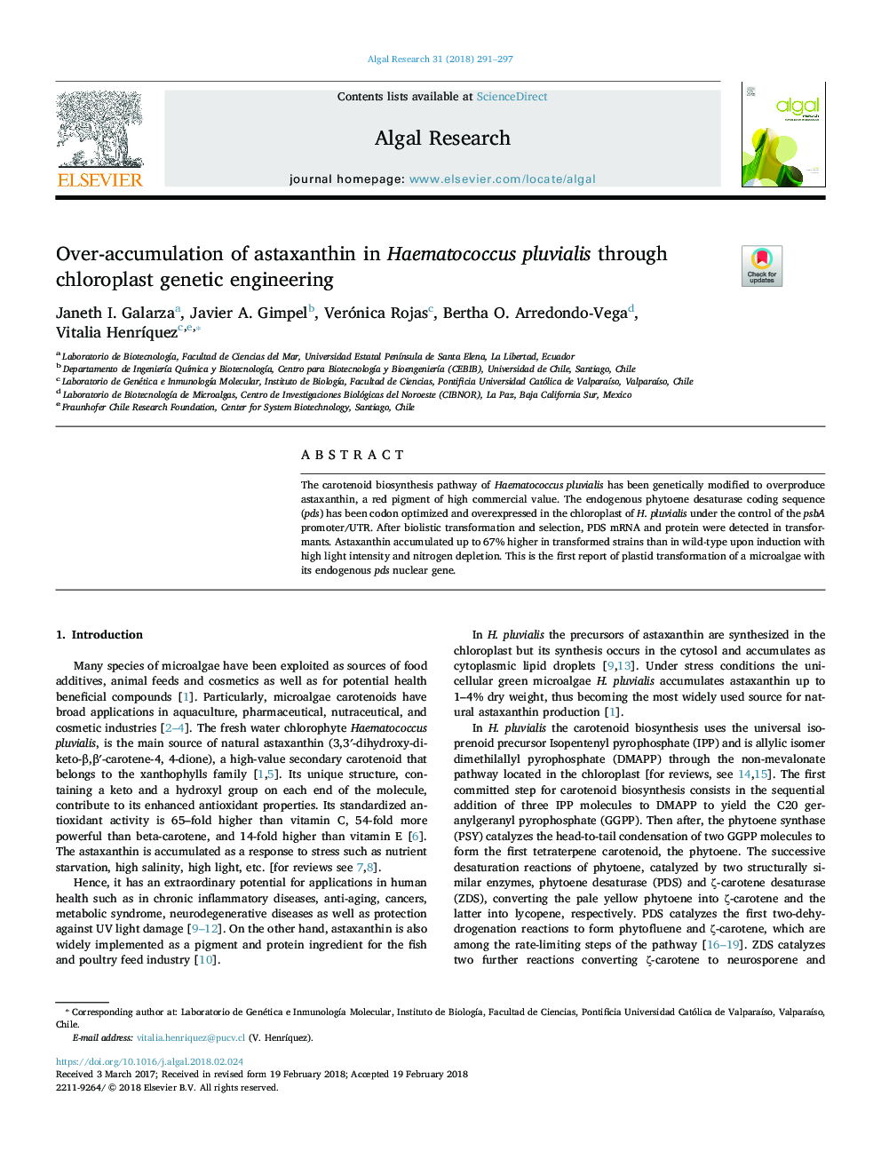 Over-accumulation of astaxanthin in Haematococcus pluvialis through chloroplast genetic engineering