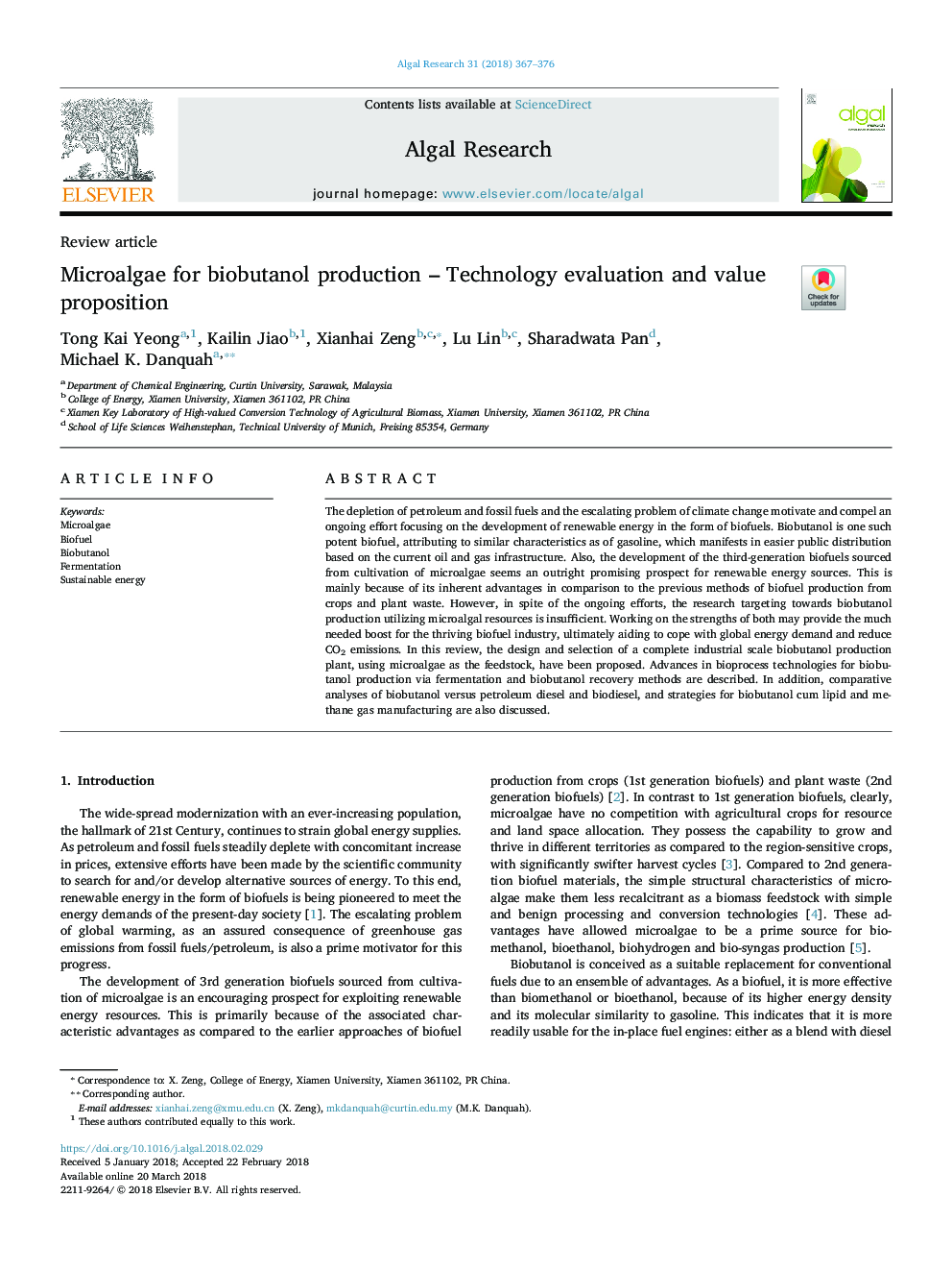 Microalgae for biobutanol production - Technology evaluation and value proposition