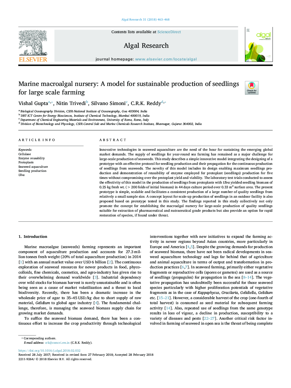 Marine macroalgal nursery: A model for sustainable production of seedlings for large scale farming