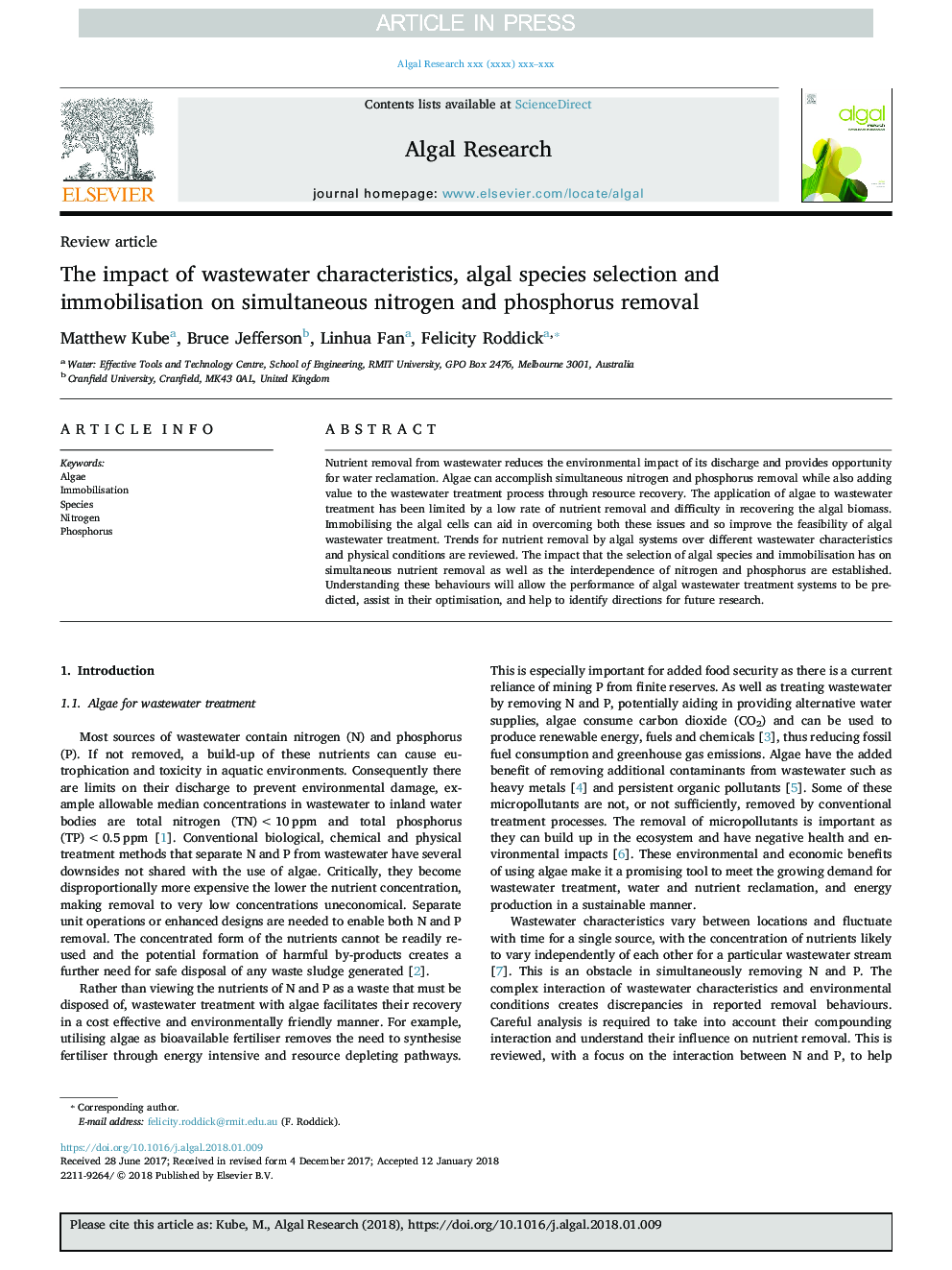 The impact of wastewater characteristics, algal species selection and immobilisation on simultaneous nitrogen and phosphorus removal