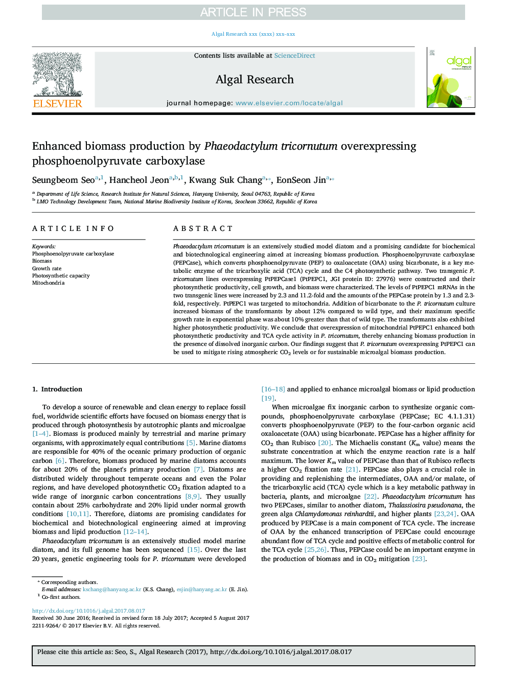 Enhanced biomass production by Phaeodactylum tricornutum overexpressing phosphoenolpyruvate carboxylase