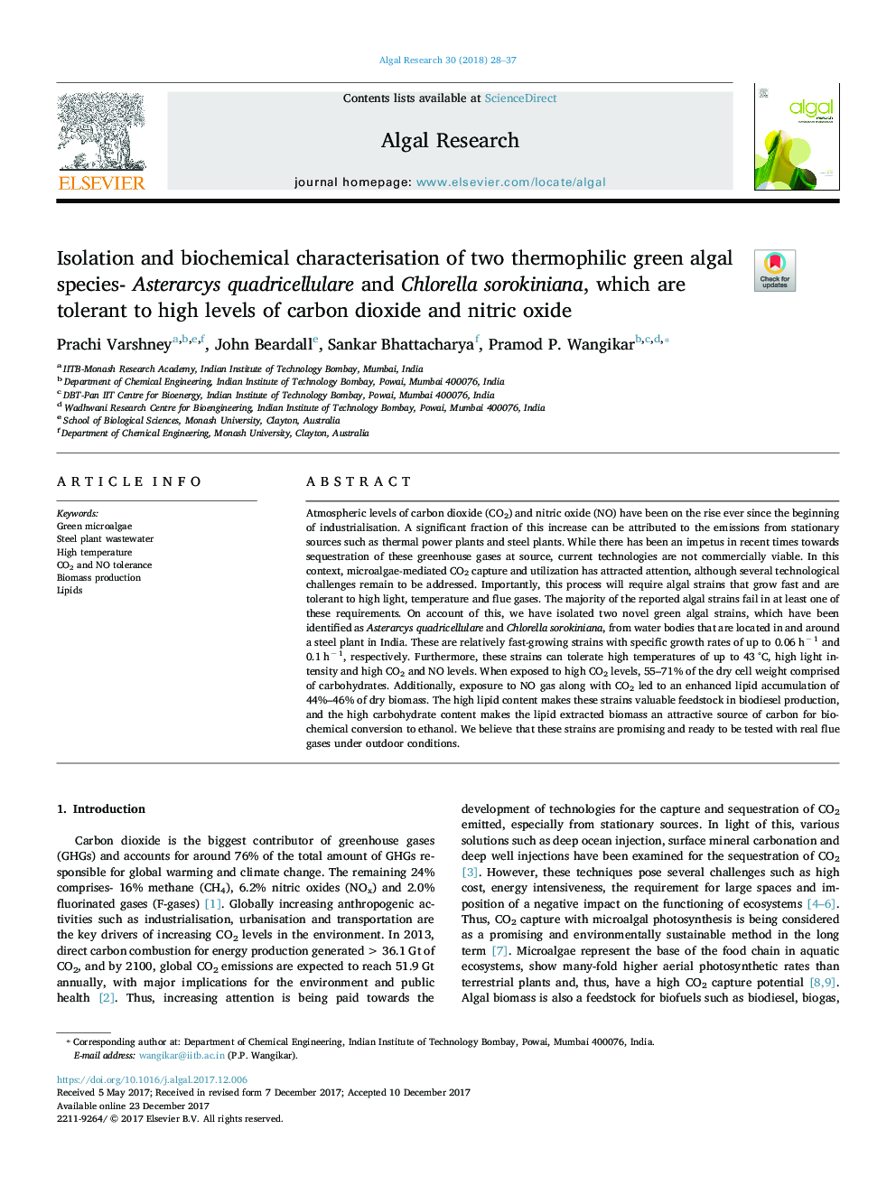 Isolation and biochemical characterisation of two thermophilic green algal species- Asterarcys quadricellulare and Chlorella sorokiniana, which are tolerant to high levels of carbon dioxide and nitric oxide