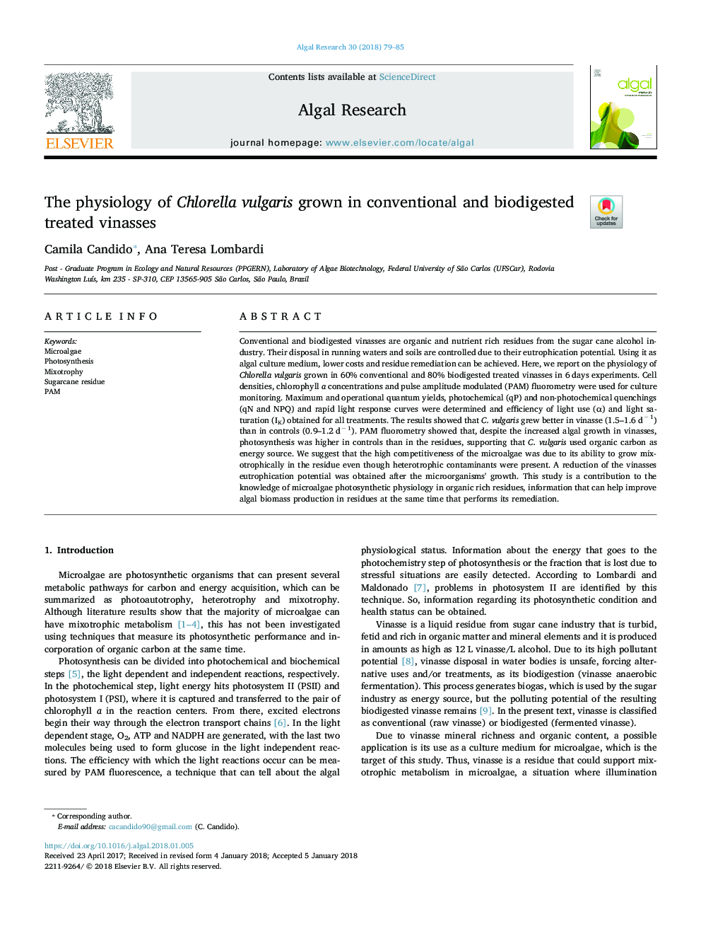 The physiology of Chlorella vulgaris grown in conventional and biodigested treated vinasses