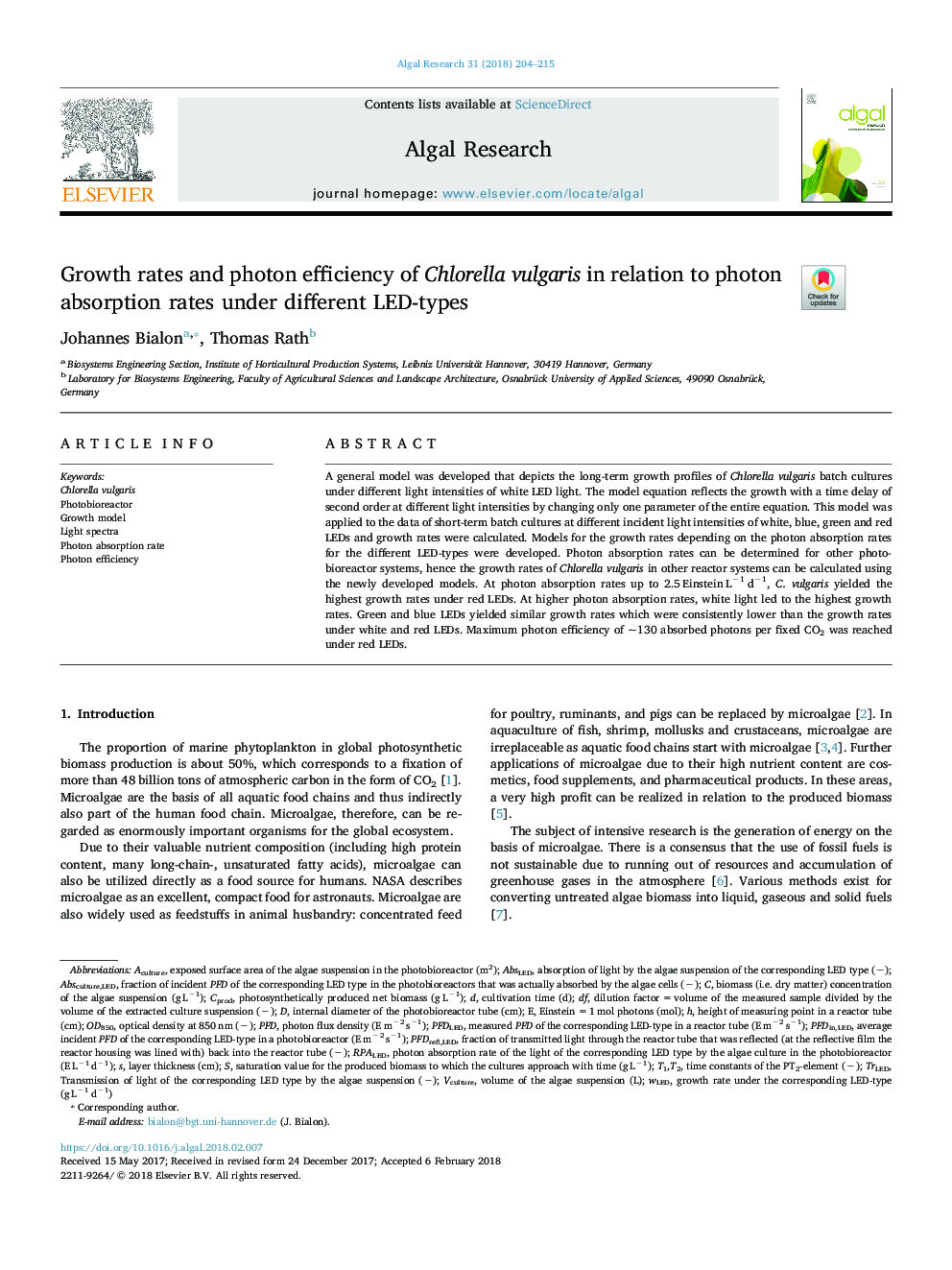 Growth rates and photon efficiency of Chlorella vulgaris in relation to photon absorption rates under different LED-types