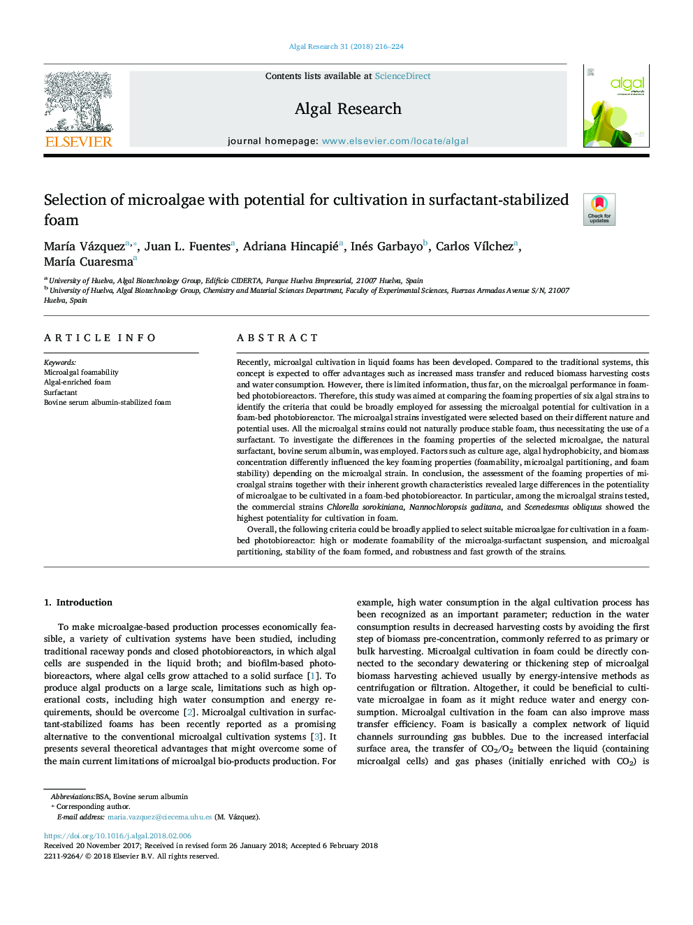 Selection of microalgae with potential for cultivation in surfactant-stabilized foam