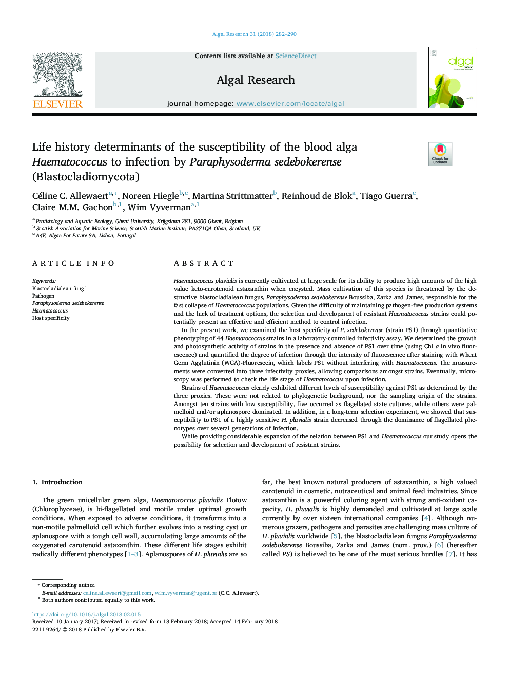 Life history determinants of the susceptibility of the blood alga Haematococcus to infection by Paraphysoderma sedebokerense (Blastocladiomycota)