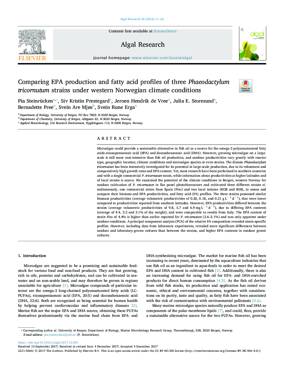 Comparing EPA production and fatty acid profiles of three Phaeodactylum tricornutum strains under western Norwegian climate conditions