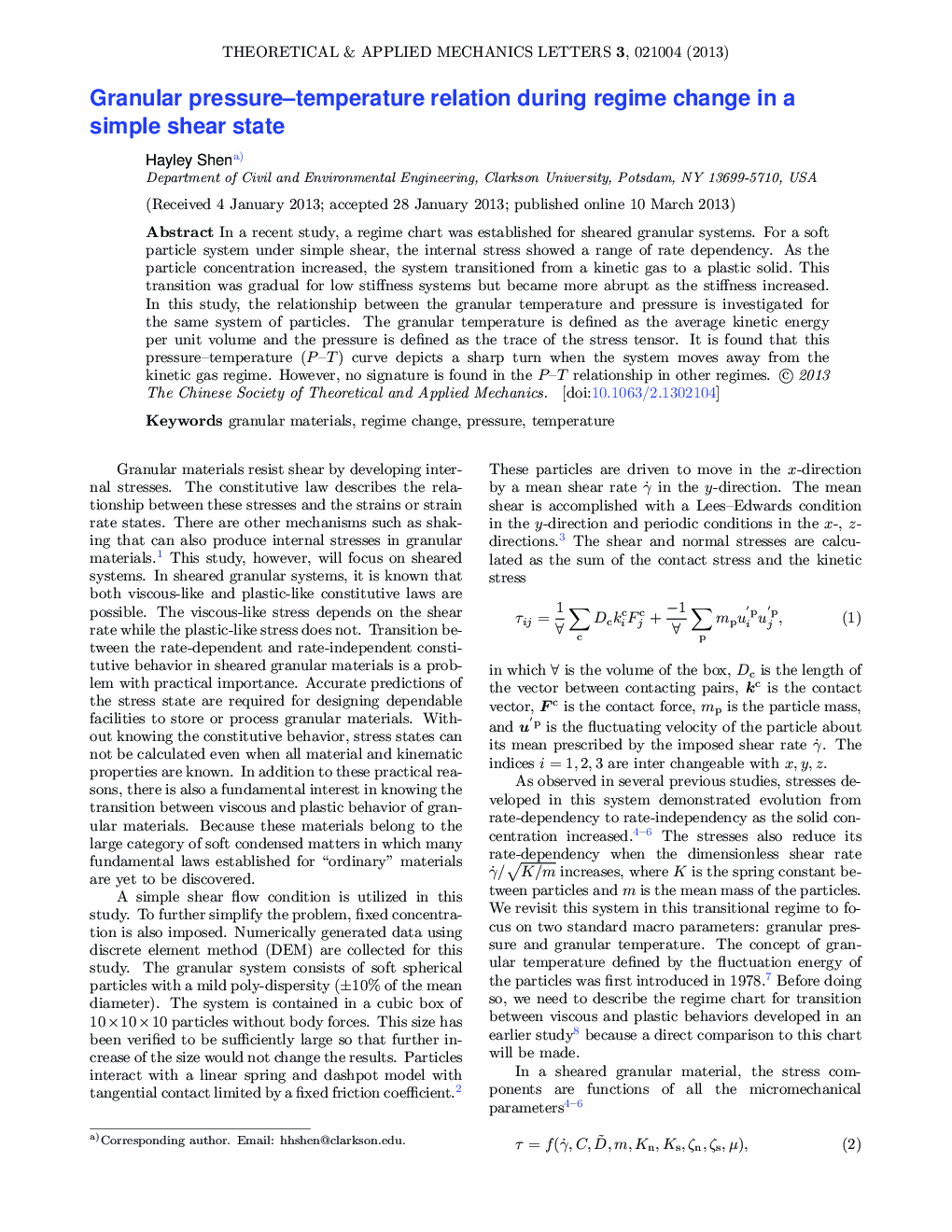 Granular pressure—temperature relation during regime change in a simple shear state