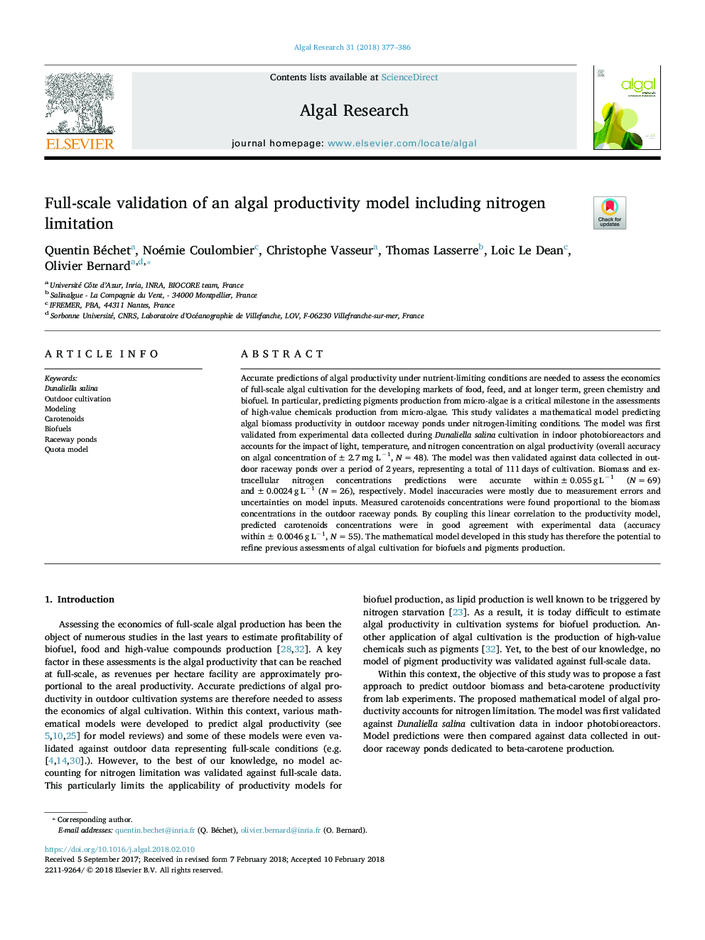 Full-scale validation of an algal productivity model including nitrogen limitation