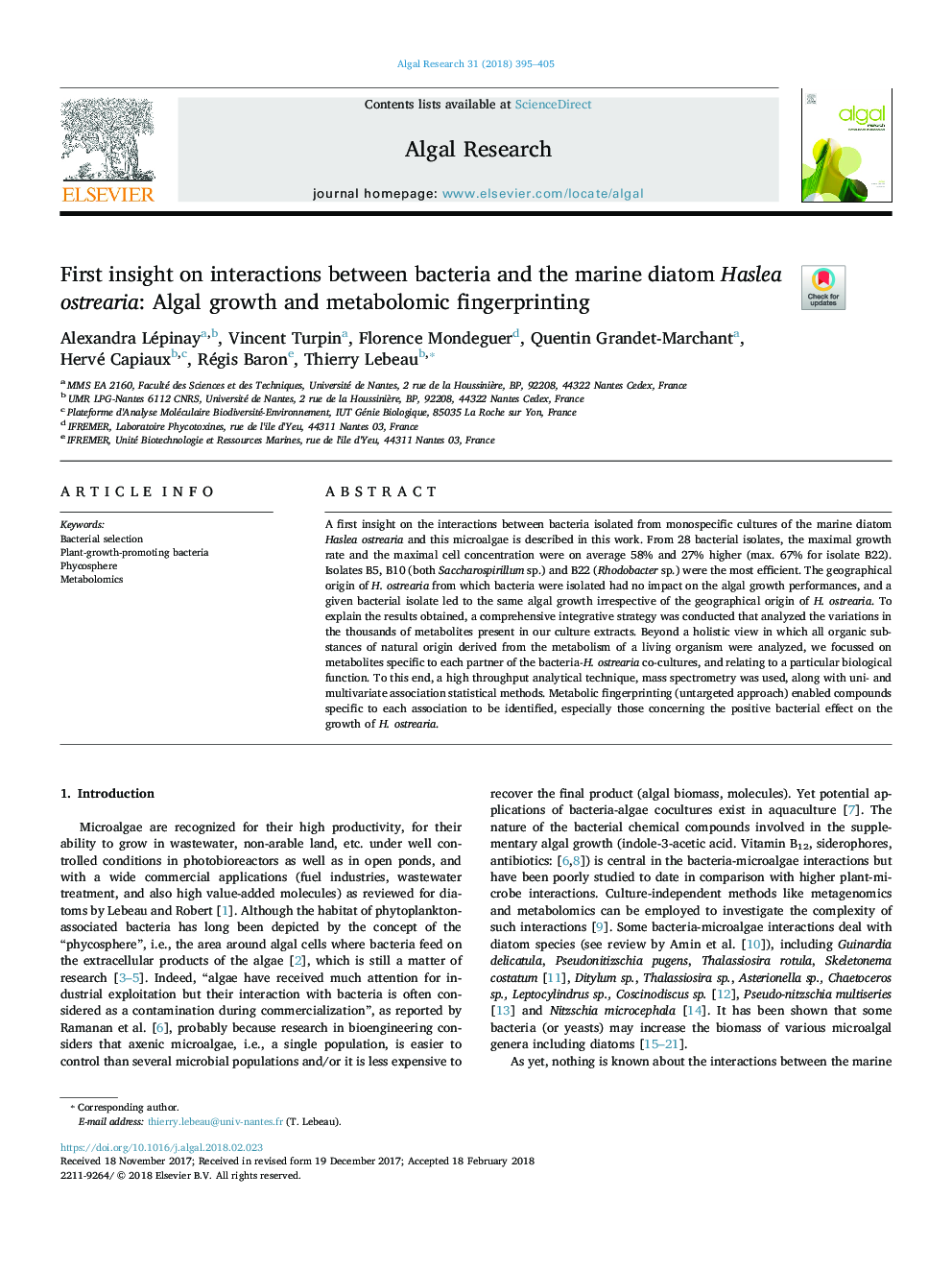 First insight on interactions between bacteria and the marine diatom Haslea ostrearia: Algal growth and metabolomic fingerprinting