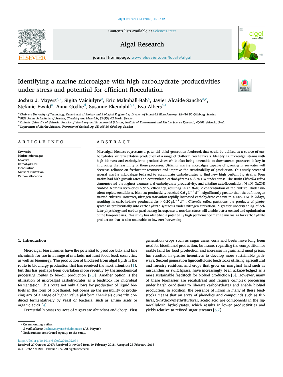 Identifying a marine microalgae with high carbohydrate productivities under stress and potential for efficient flocculation