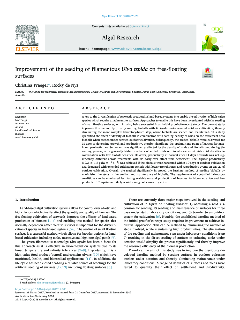 Improvement of the seeding of filamentous Ulva tepida on free-floating surfaces