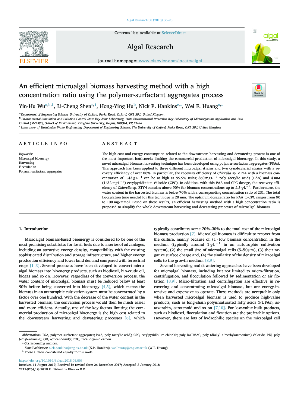 An efficient microalgal biomass harvesting method with a high concentration ratio using the polymer-surfactant aggregates process