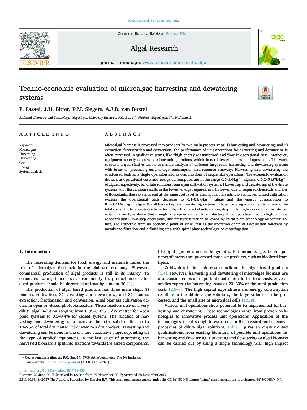 Techno-economic evaluation of microalgae harvesting and dewatering systems