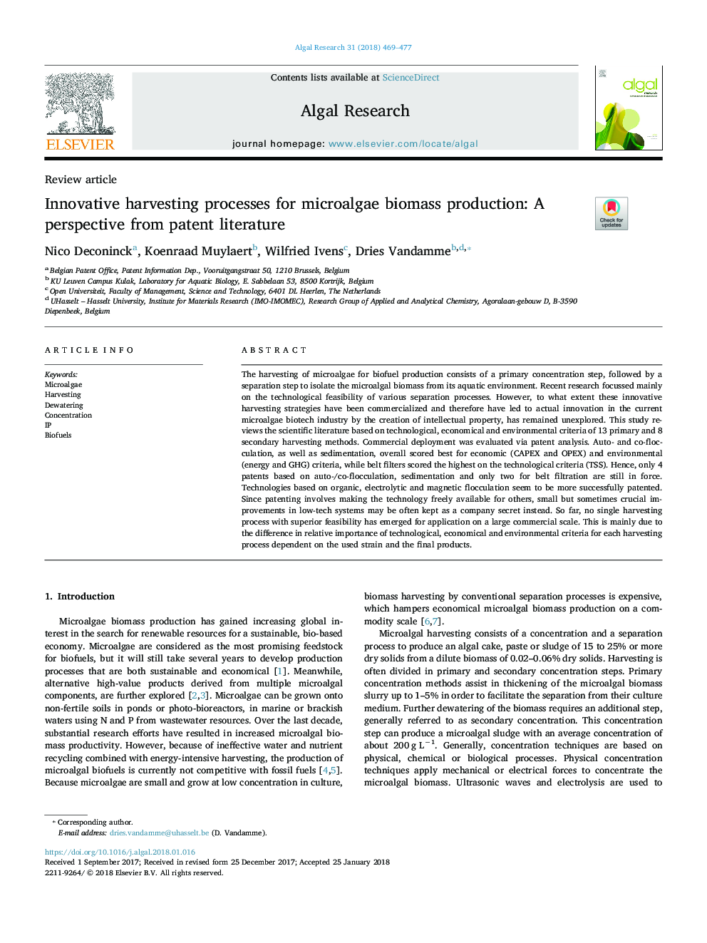 Innovative harvesting processes for microalgae biomass production: A perspective from patent literature