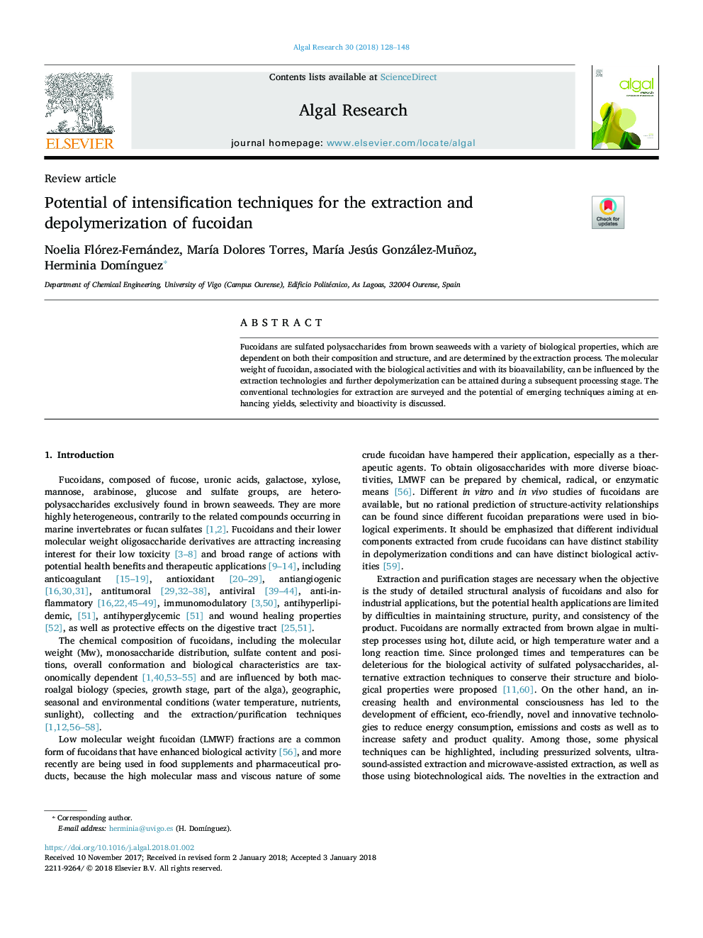 Potential of intensification techniques for the extraction and depolymerization of fucoidan