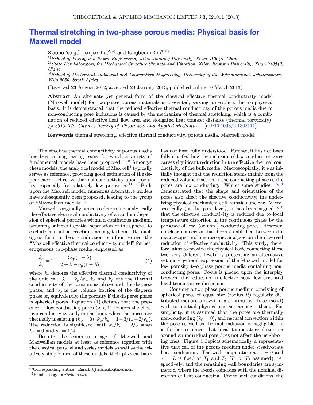 Thermal stretching in two-phase porous media: Physical basis for Maxwell model