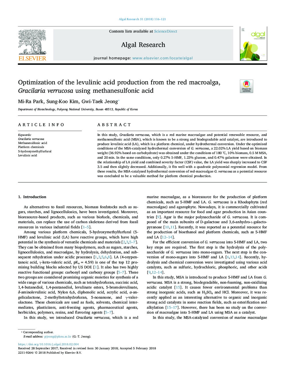 Optimization of the levulinic acid production from the red macroalga, Gracilaria verrucosa using methanesulfonic acid