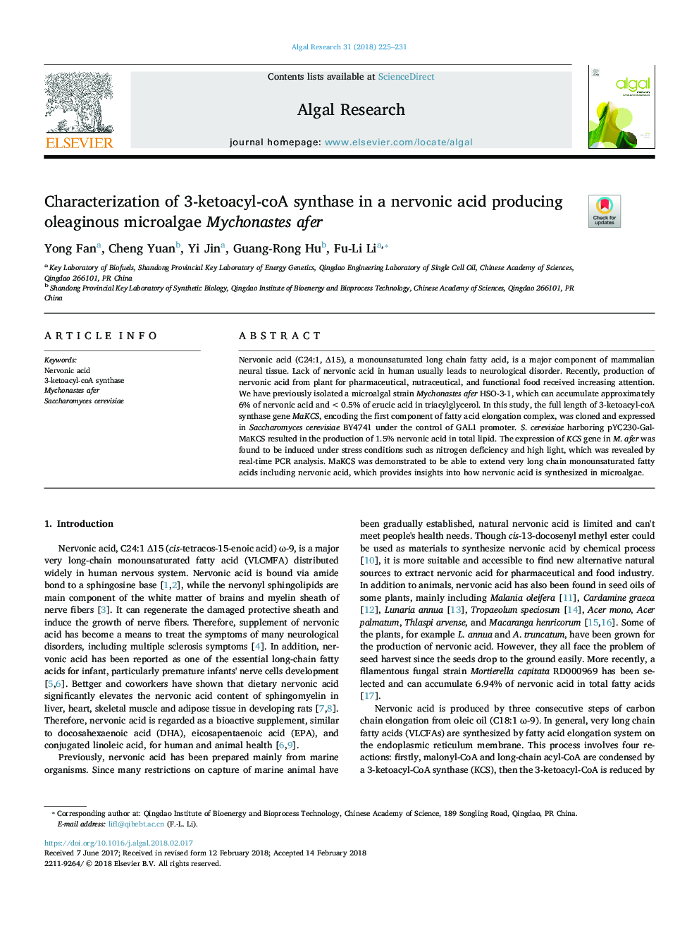 Characterization of 3-ketoacyl-coA synthase in a nervonic acid producing oleaginous microalgae Mychonastes afer