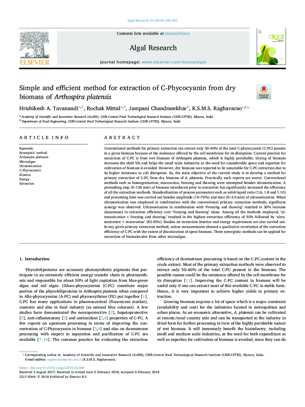 Simple and efficient method for extraction of C-Phycocyanin from dry biomass of Arthospira platensis