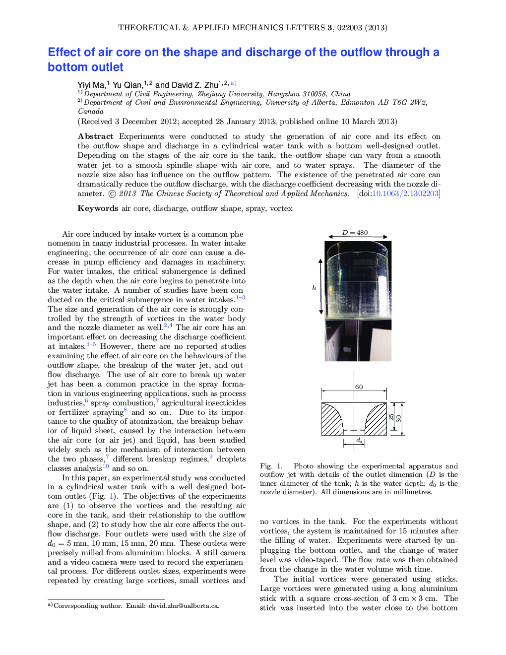 Effect of air core on the shape and discharge of the outflow through a bottom outlet