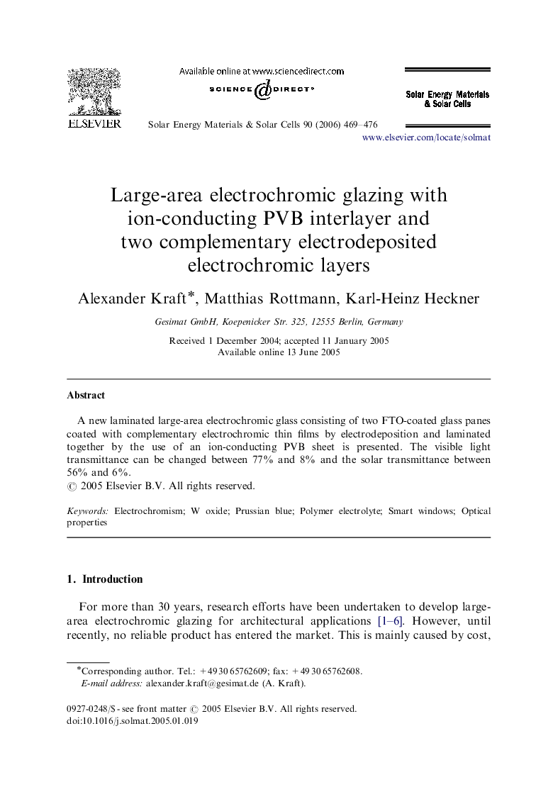 Large-area electrochromic glazing with ion-conducting PVB interlayer and two complementary electrodeposited electrochromic layers