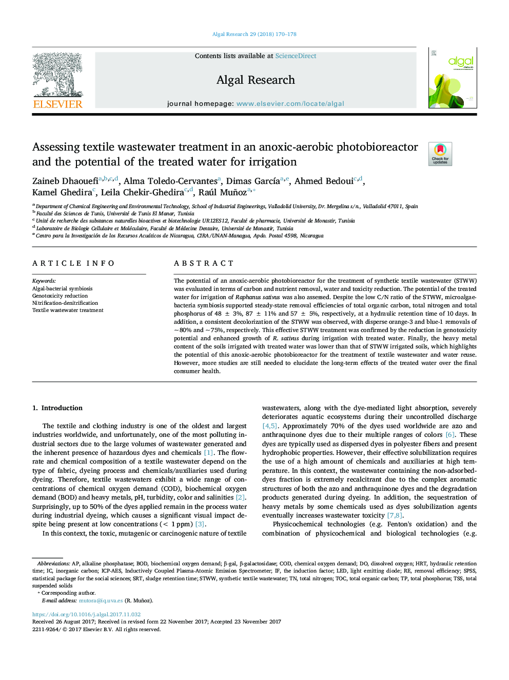 Assessing textile wastewater treatment in an anoxic-aerobic photobioreactor and the potential of the treated water for irrigation