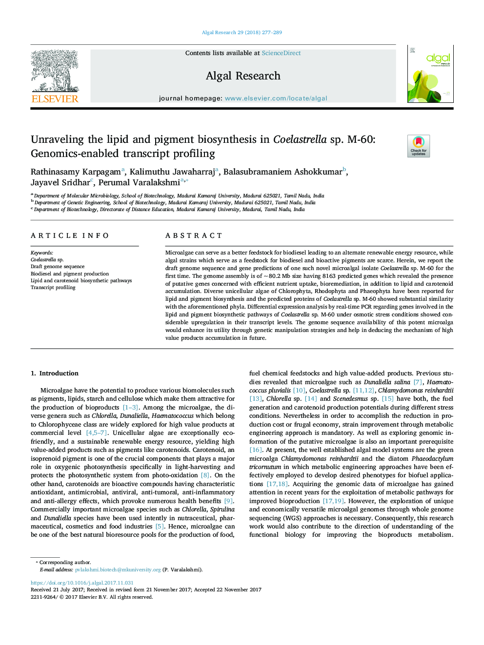 Unraveling the lipid and pigment biosynthesis in Coelastrella sp. M-60: Genomics-enabled transcript profiling