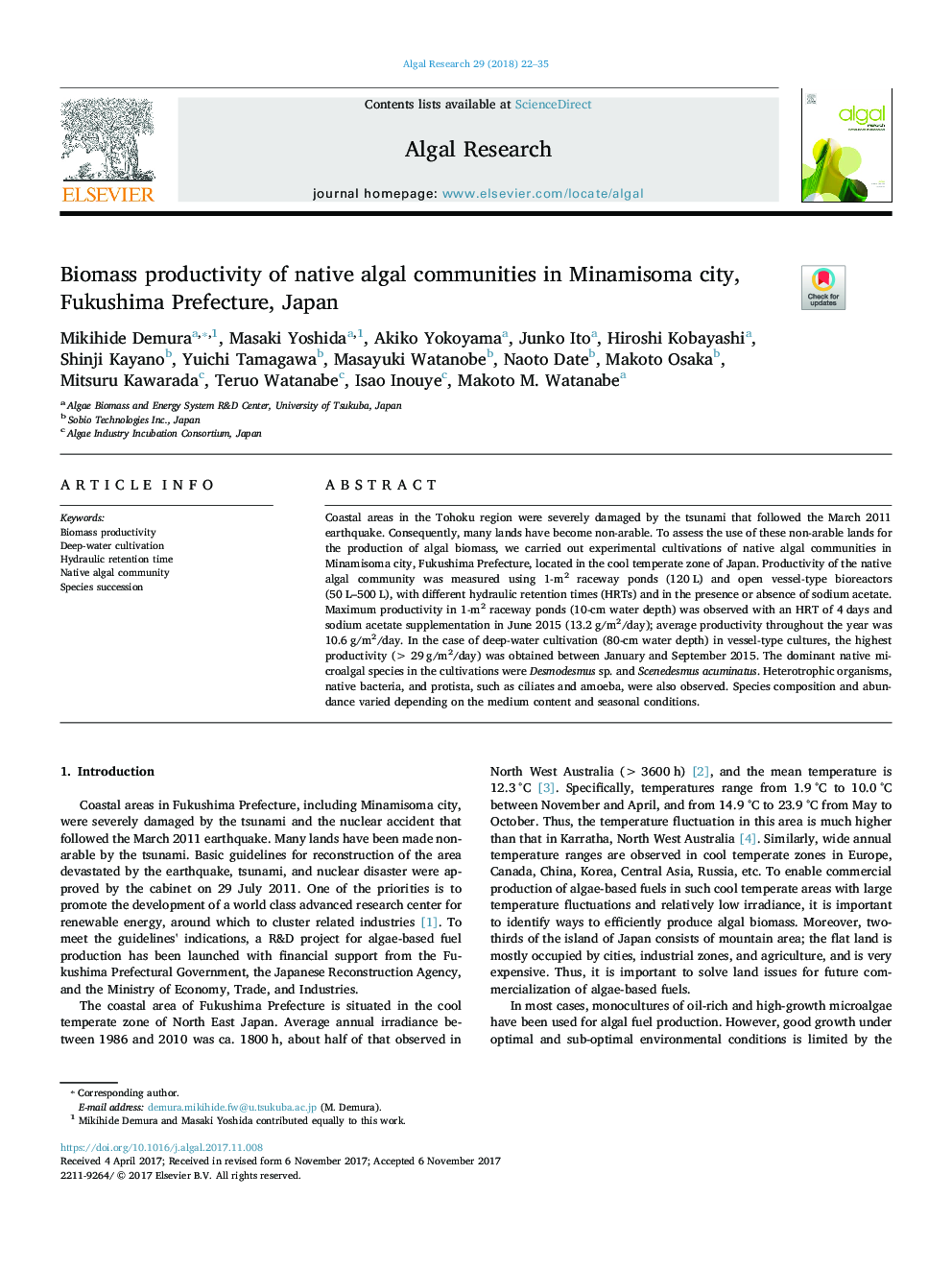 Biomass productivity of native algal communities in Minamisoma city, Fukushima Prefecture, Japan