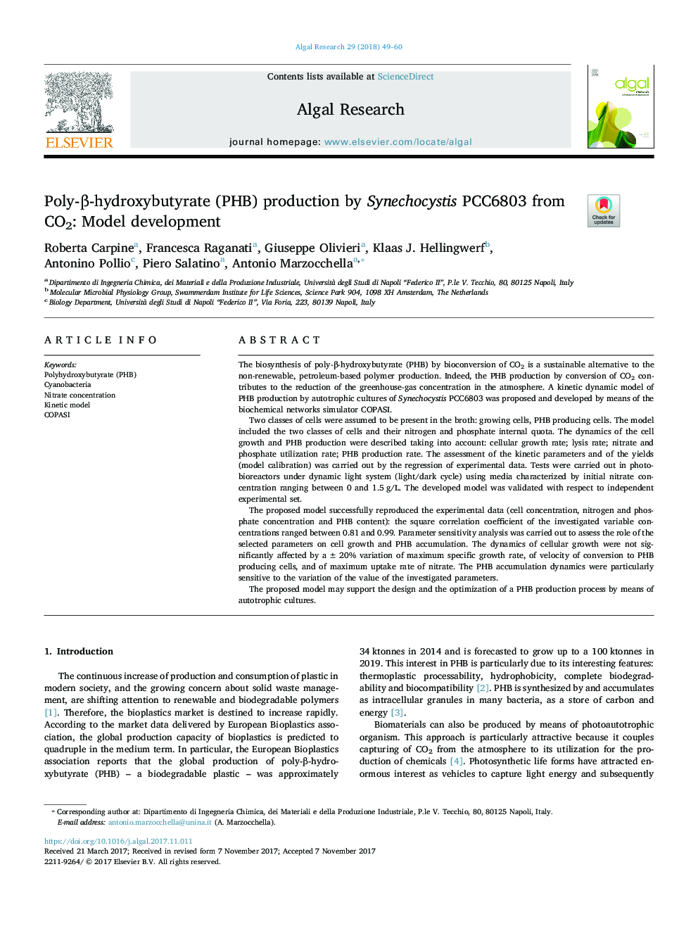 Poly-Î²-hydroxybutyrate (PHB) production by Synechocystis PCC6803 from CO2: Model development