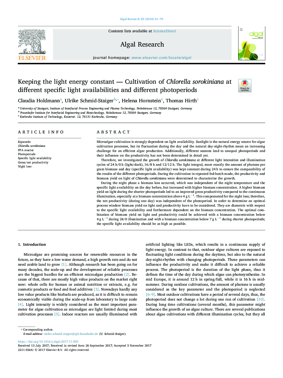 Keeping the light energy constant - Cultivation of Chlorella sorokiniana at different specific light availabilities and different photoperiods