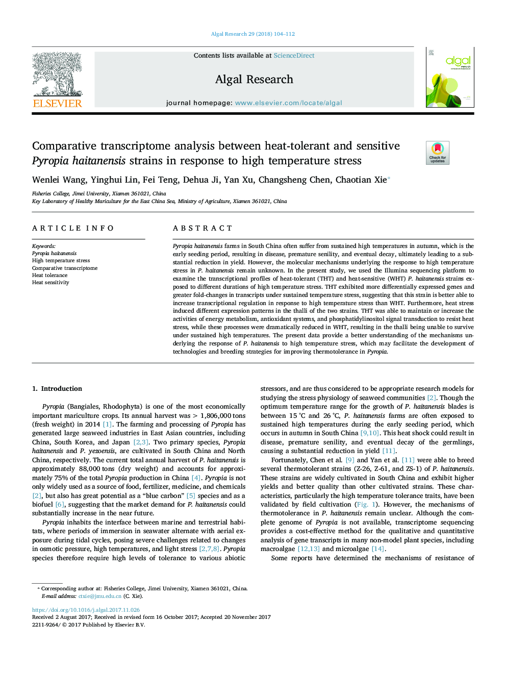 Comparative transcriptome analysis between heat-tolerant and sensitive Pyropia haitanensis strains in response to high temperature stress