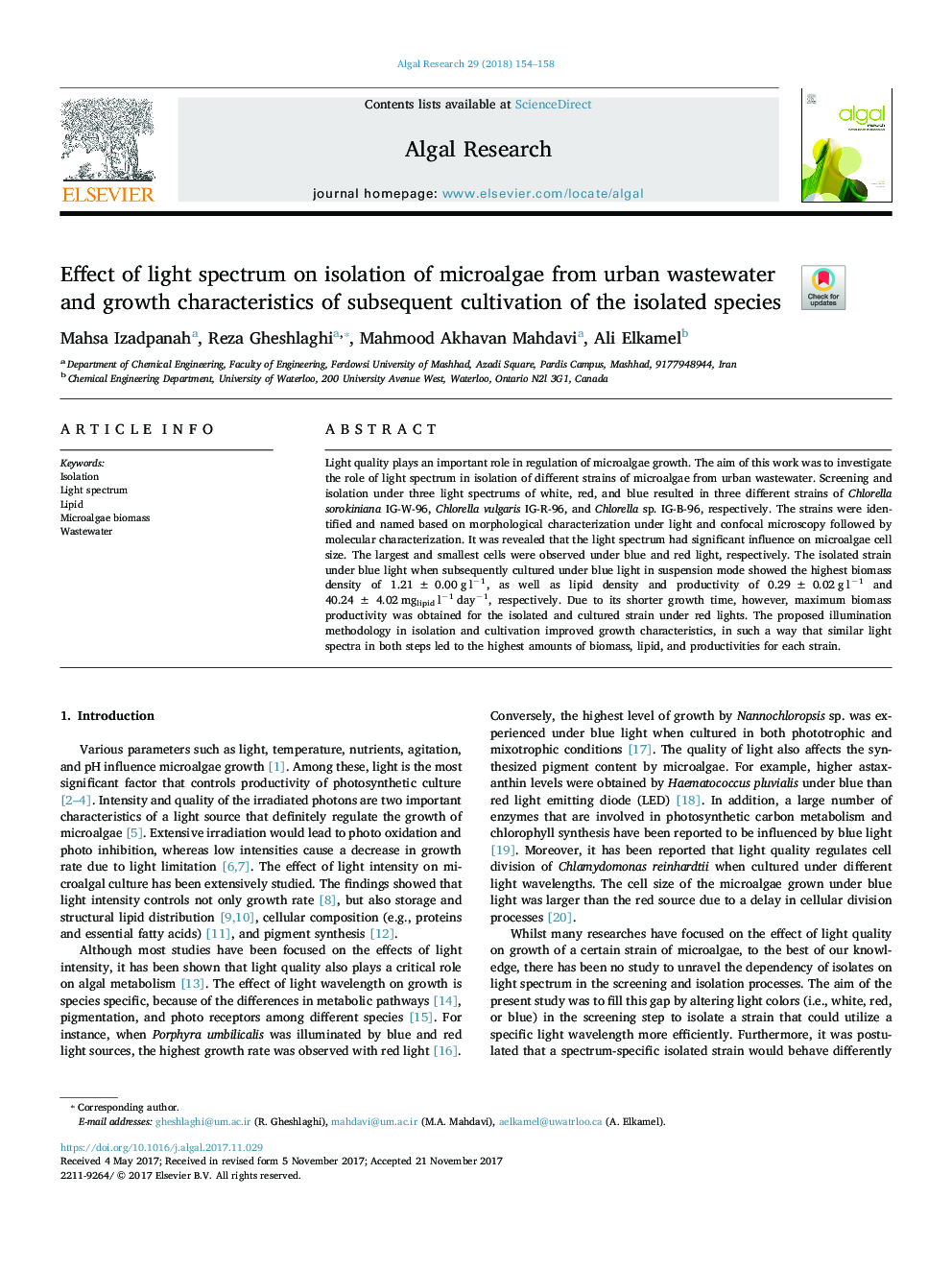 Effect of light spectrum on isolation of microalgae from urban wastewater and growth characteristics of subsequent cultivation of the isolated species