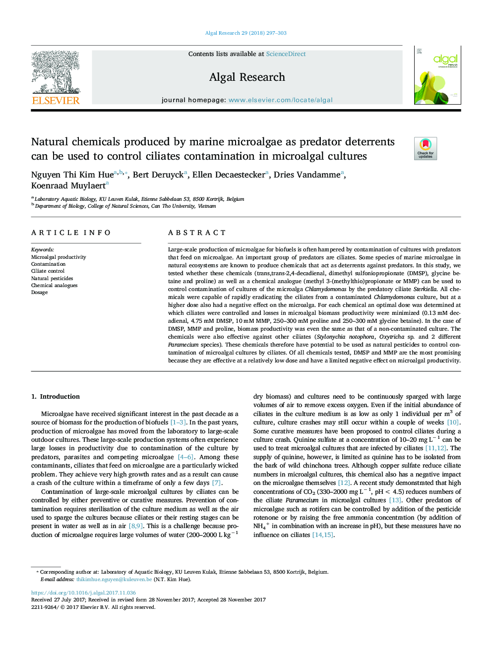 Natural chemicals produced by marine microalgae as predator deterrents can be used to control ciliates contamination in microalgal cultures