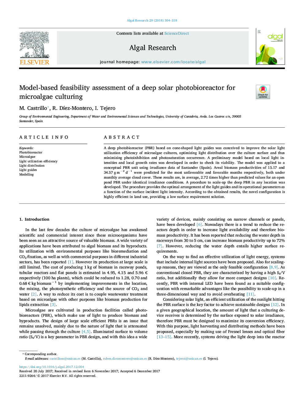 Model-based feasibility assessment of a deep solar photobioreactor for microalgae culturing