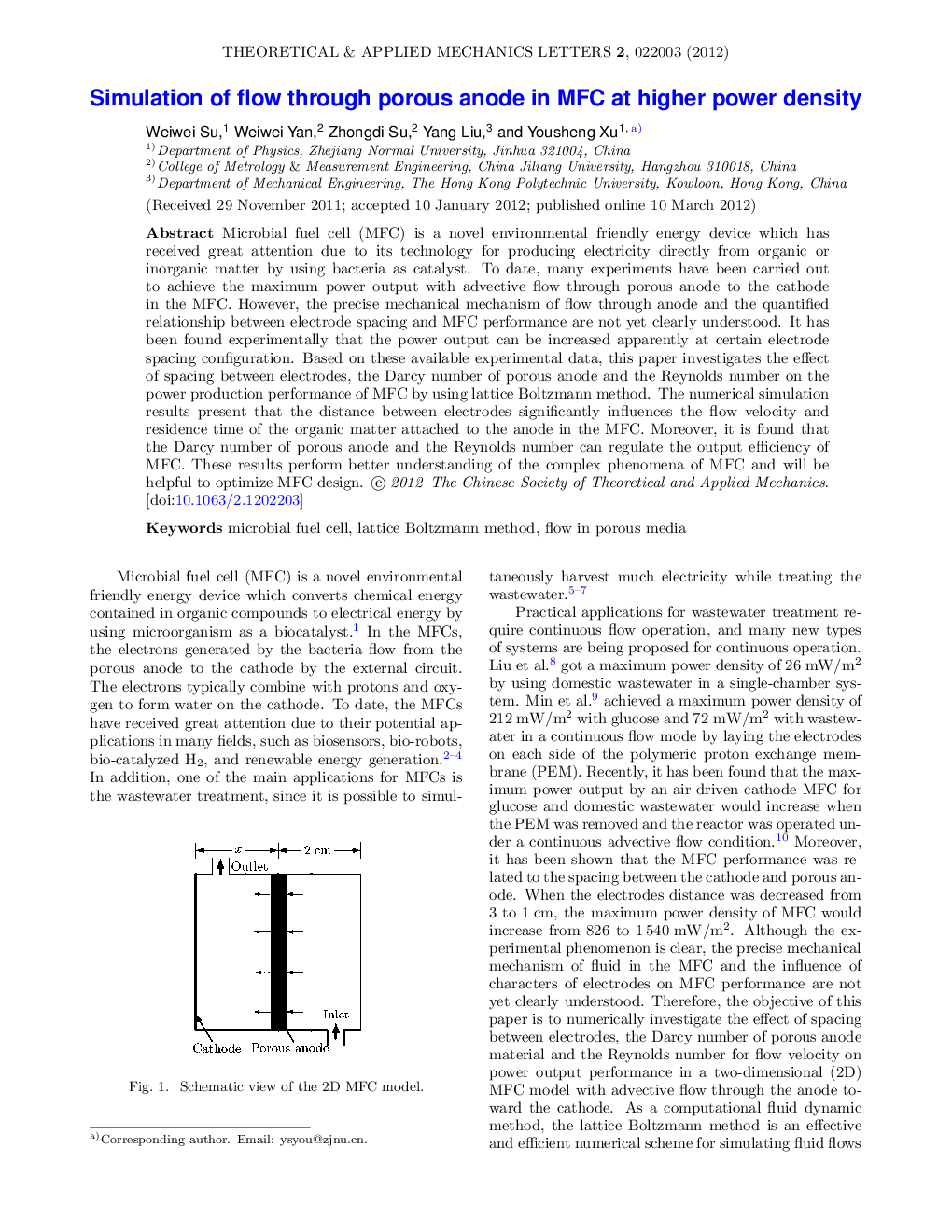 عکس صفحه اول مقاله: Simulation of flow through porous anode in MFC at higher power density Simulation of flow through porous anode in MFC at higher power density