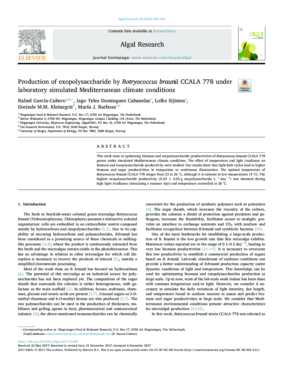 Production of exopolysaccharide by Botryococcus braunii CCALA 778 under laboratory simulated Mediterranean climate conditions