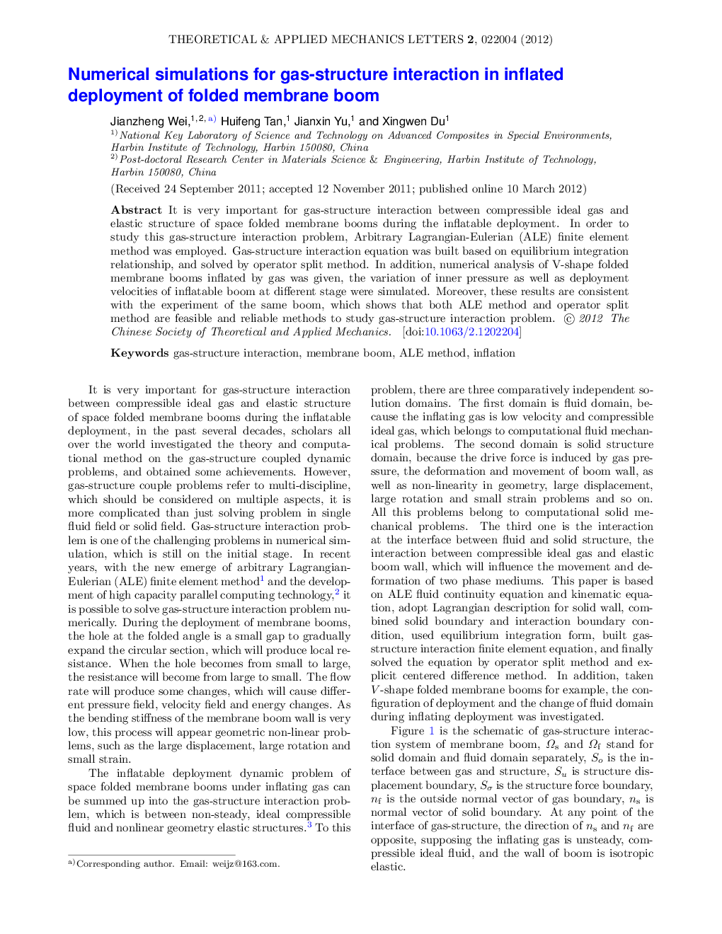 Numerical simulations for gas-structure interaction in inflated deployment of folded membrane boom