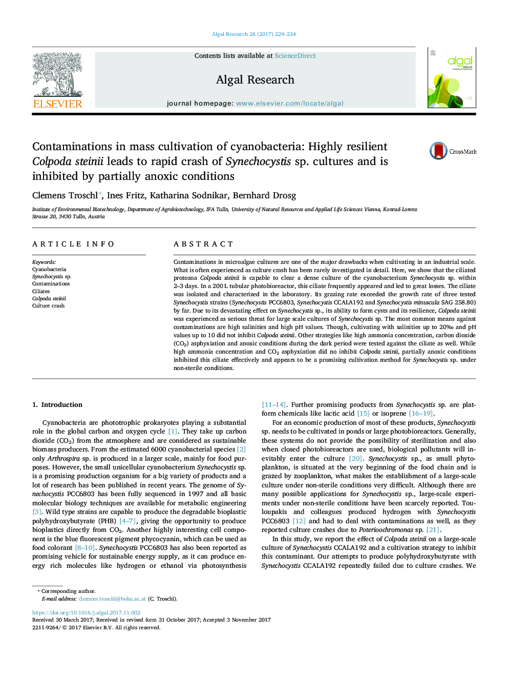 Contaminations in mass cultivation of cyanobacteria: Highly resilient Colpoda steinii leads to rapid crash of Synechocystis sp. cultures and is inhibited by partially anoxic conditions