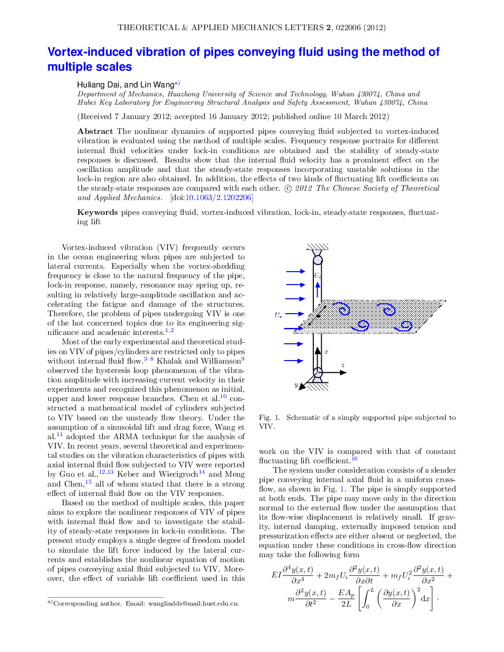 عکس صفحه اول مقاله: Vortex-induced vibration of pipes conveying fluid using the method of multiple scales Vortex-induced vibration of pipes conveying fluid using the method of multiple scales