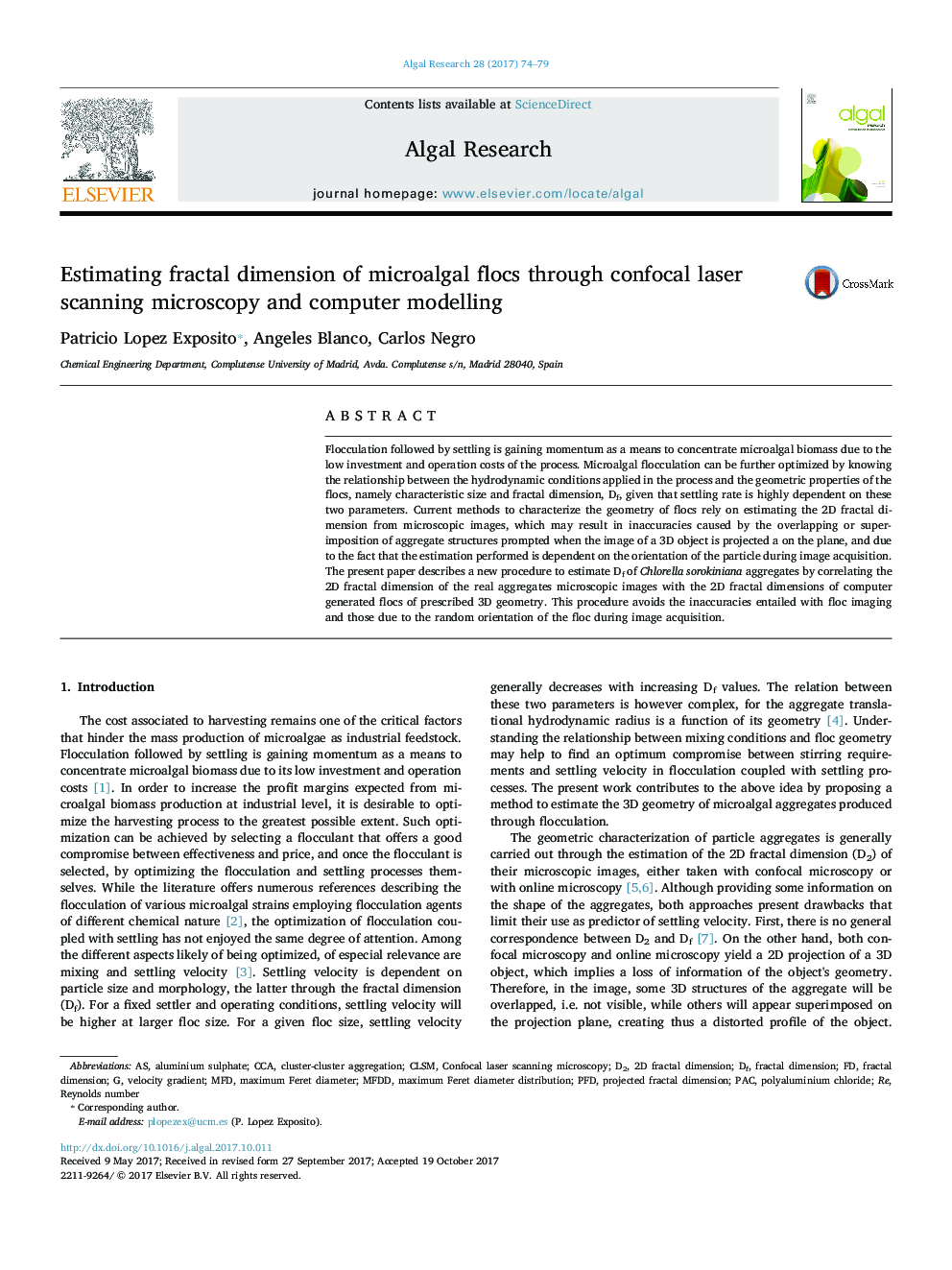 Estimating fractal dimension of microalgal flocs through confocal laser scanning microscopy and computer modelling