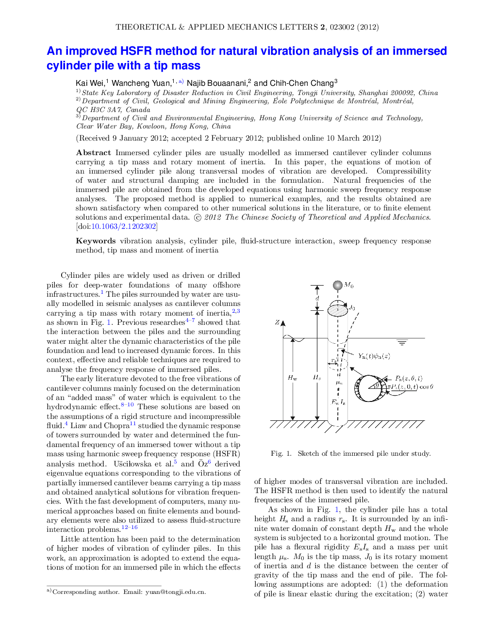 عکس صفحه اول مقاله: An improved HSFR method for natural vibration analysis of an immersed cylinder pile with a tip mass An improved HSFR method for natural vibration analysis of an immersed cylinder pile with a tip mass