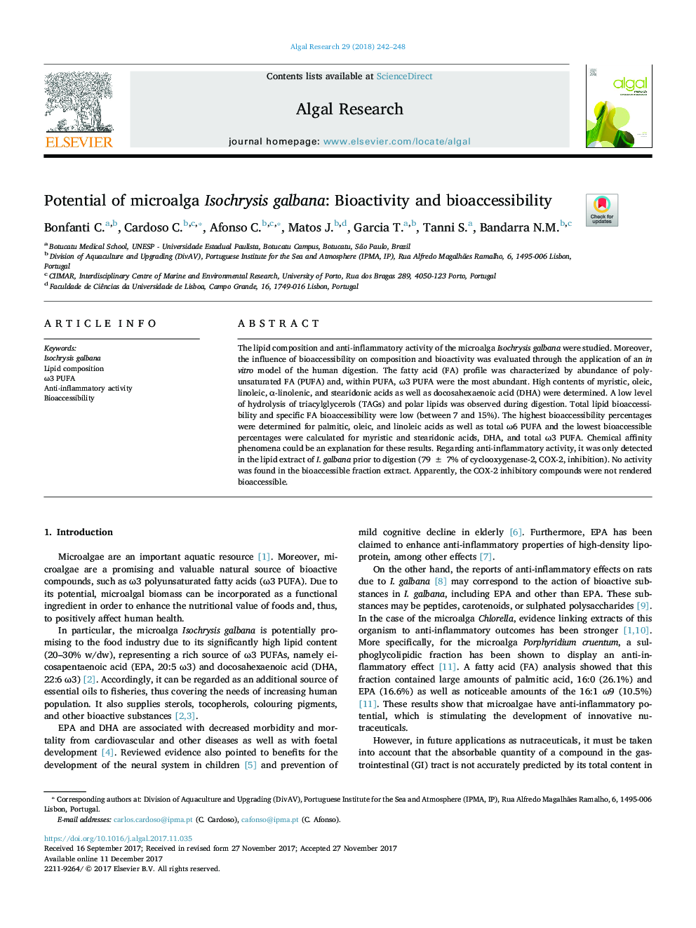 Potential of microalga Isochrysis galbana: Bioactivity and bioaccessibility