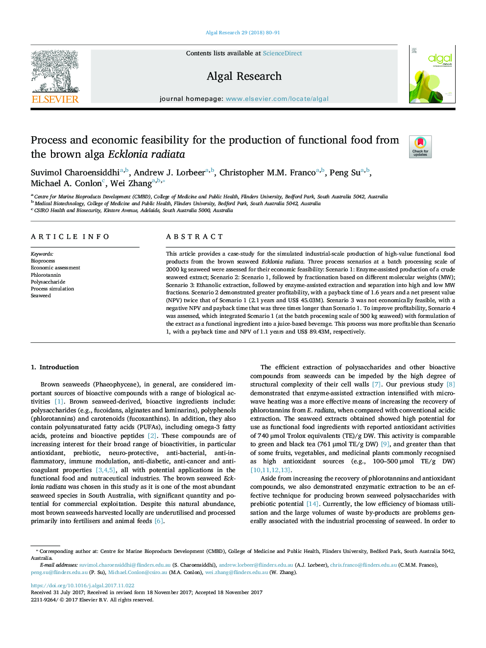 Process and economic feasibility for the production of functional food from the brown alga Ecklonia radiata