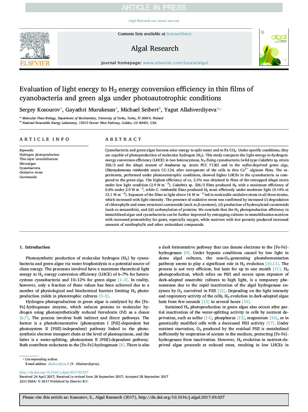 Evaluation of light energy to H2 energy conversion efficiency in thin films of cyanobacteria and green alga under photoautotrophic conditions